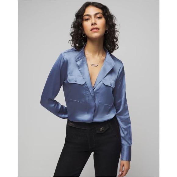 WHBM Long Sleeve Collar Pocket Shirt Button-Up in Steel Blue Satin Sz L  NWT - Picture 11 of 15